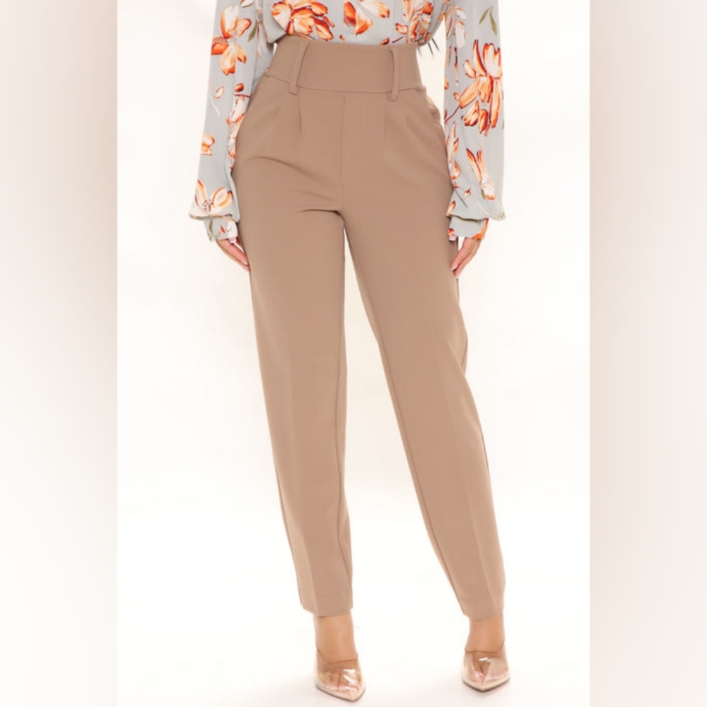 Fashion Nova Stay A While Trouser Cream Taupe  Stretch Straight Leg Dress Pants